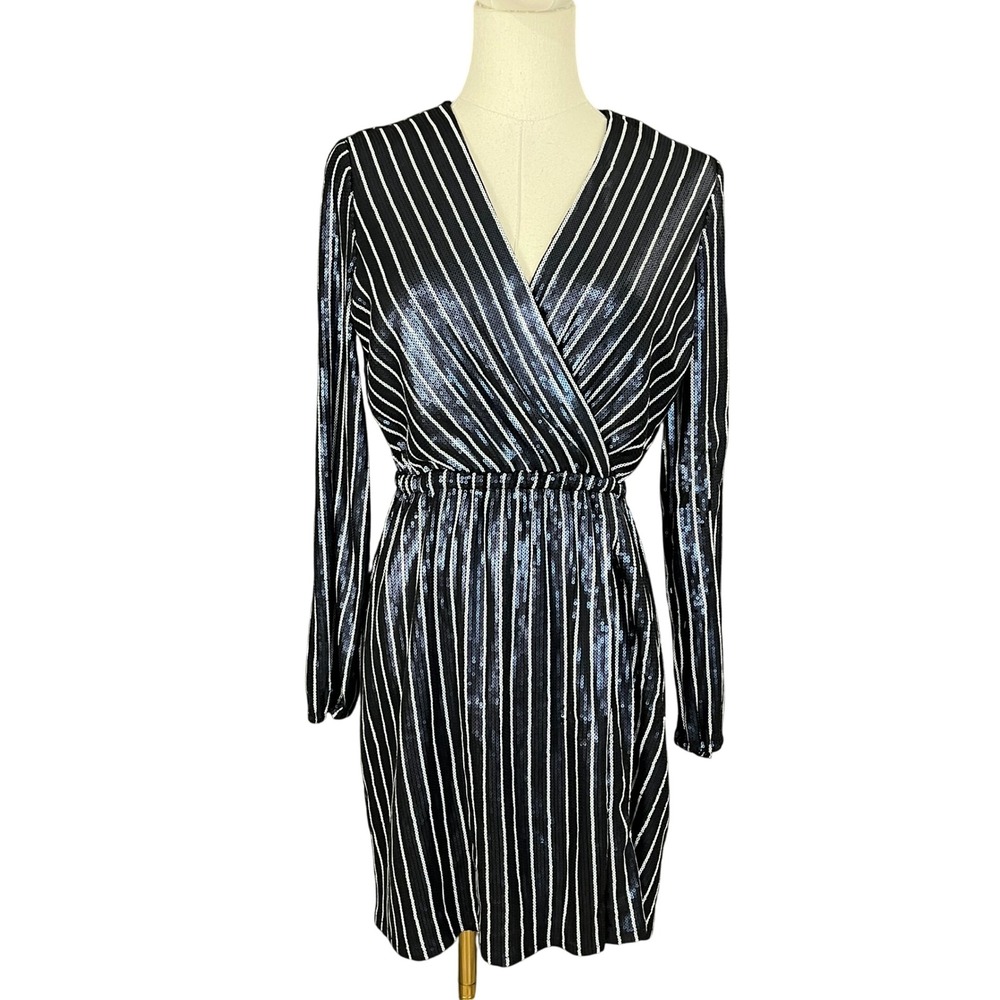 JACK by BB Dakota Sequin Mini Dress Black White Stripe XS Glam‎ Cocktail Party